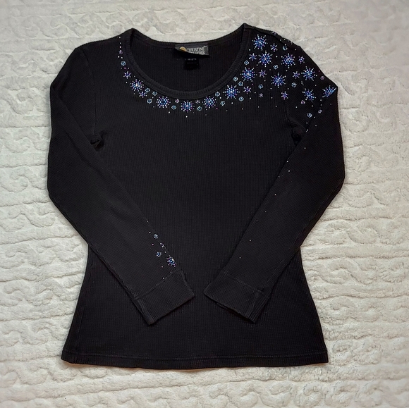 Christine Alexander Tops - Christine Alexander Black Long Sleeve Rhinestone Detail Top Size L